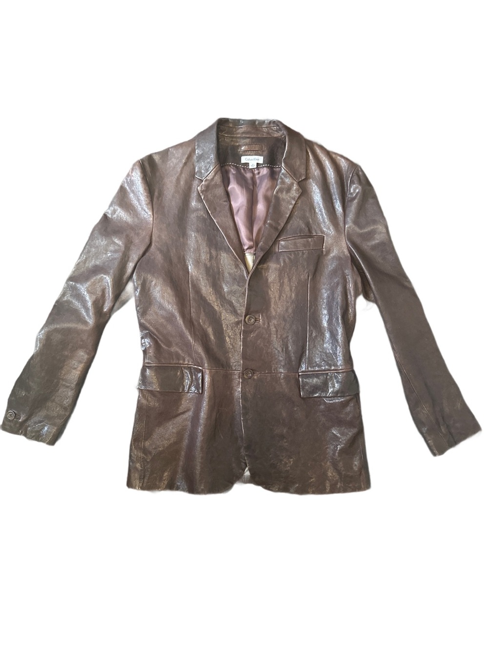 Calvin Klein Brown 100% Leather Longline Blazer Jacket